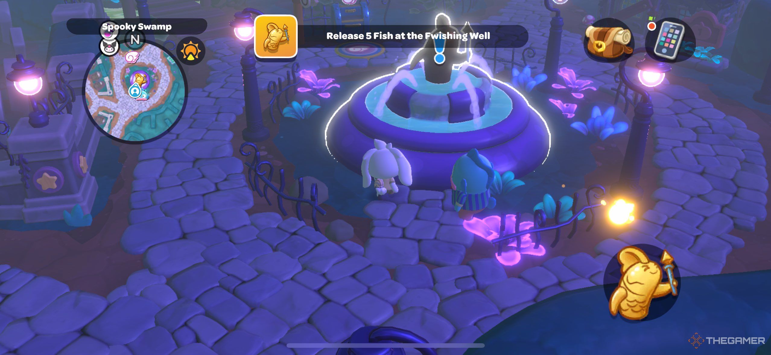 A player standing at the fwishing well in Hello Kitty Island Adventure.