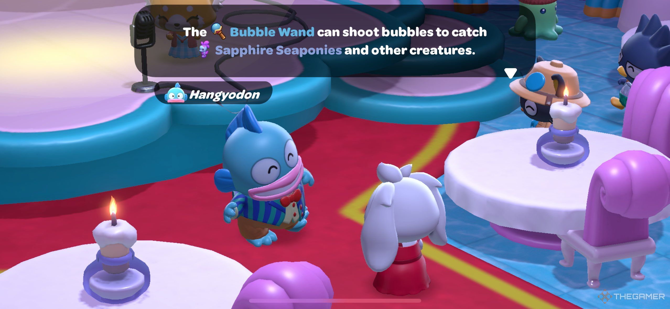 A player talking to Hangyodon about the bubble wand in Hello Kitty Island Adventure.