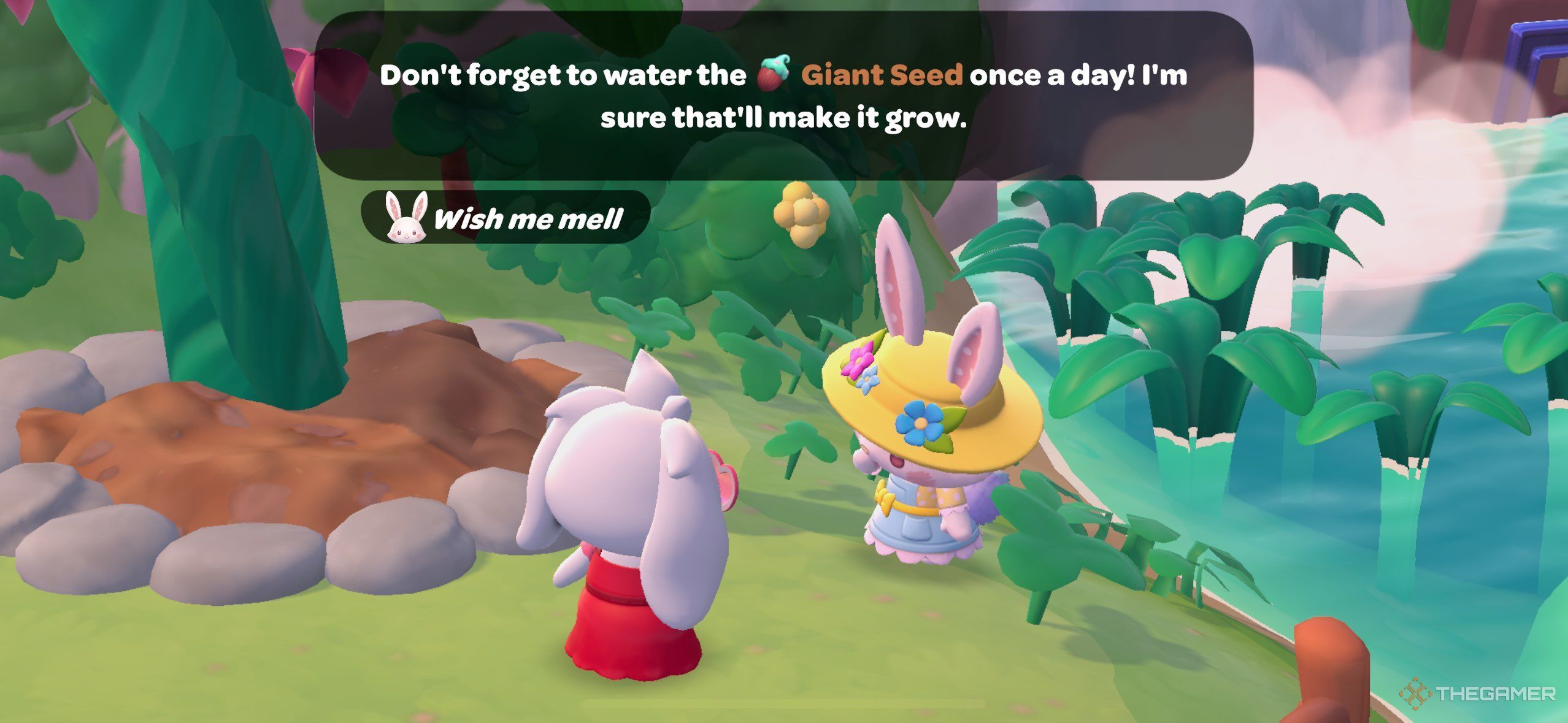 A player talking to Wish Me Mell about beanstalks in Hello Kitty Island Adventure.