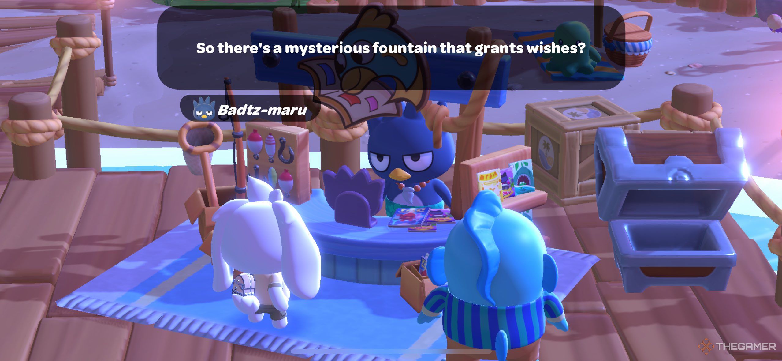 A player talking with Badtz maru about fish in Hello Kitty Island Adventure.