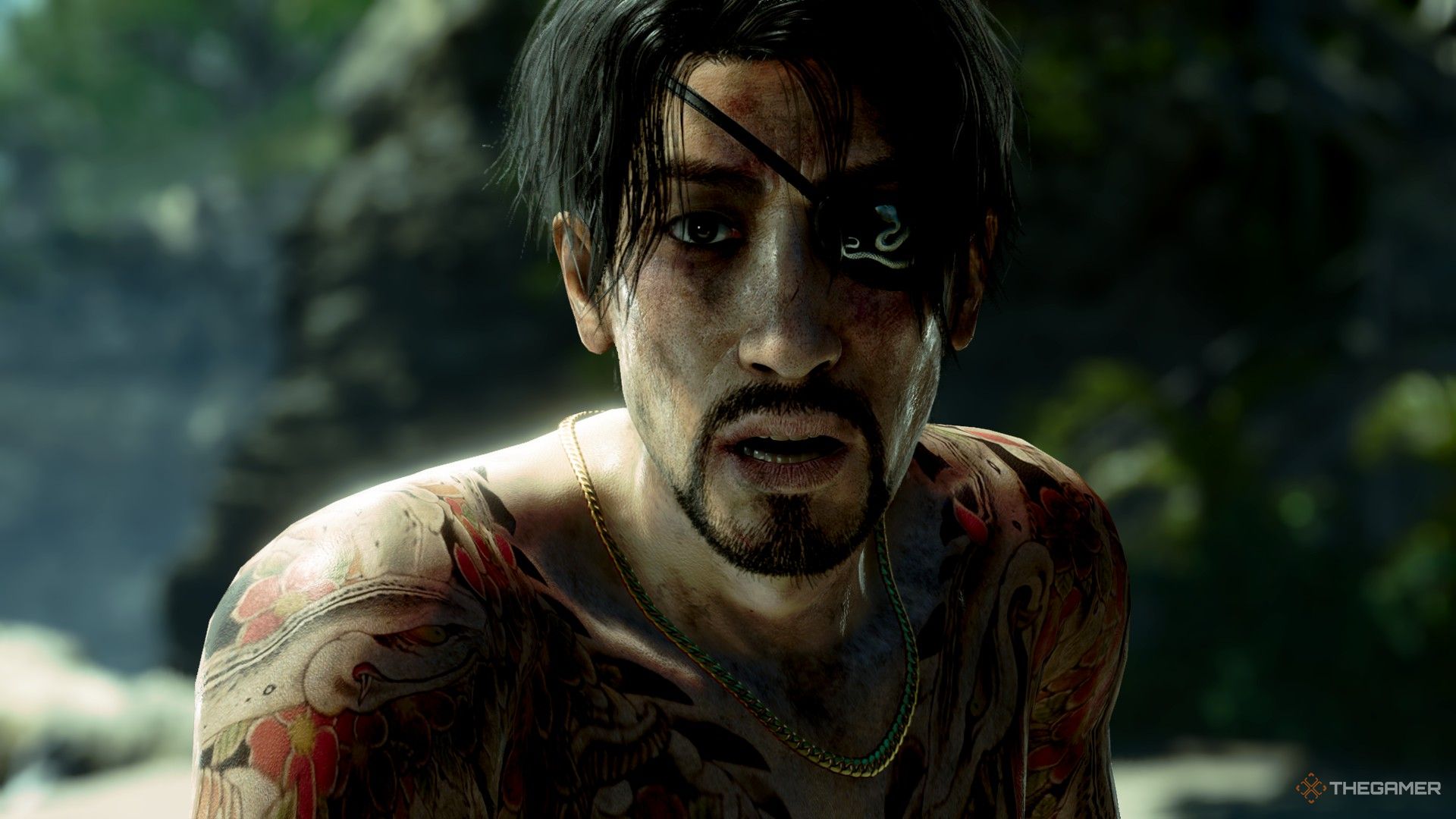 A scared Majima in Like a Dragon Pirate Yakuza in Hawaii.