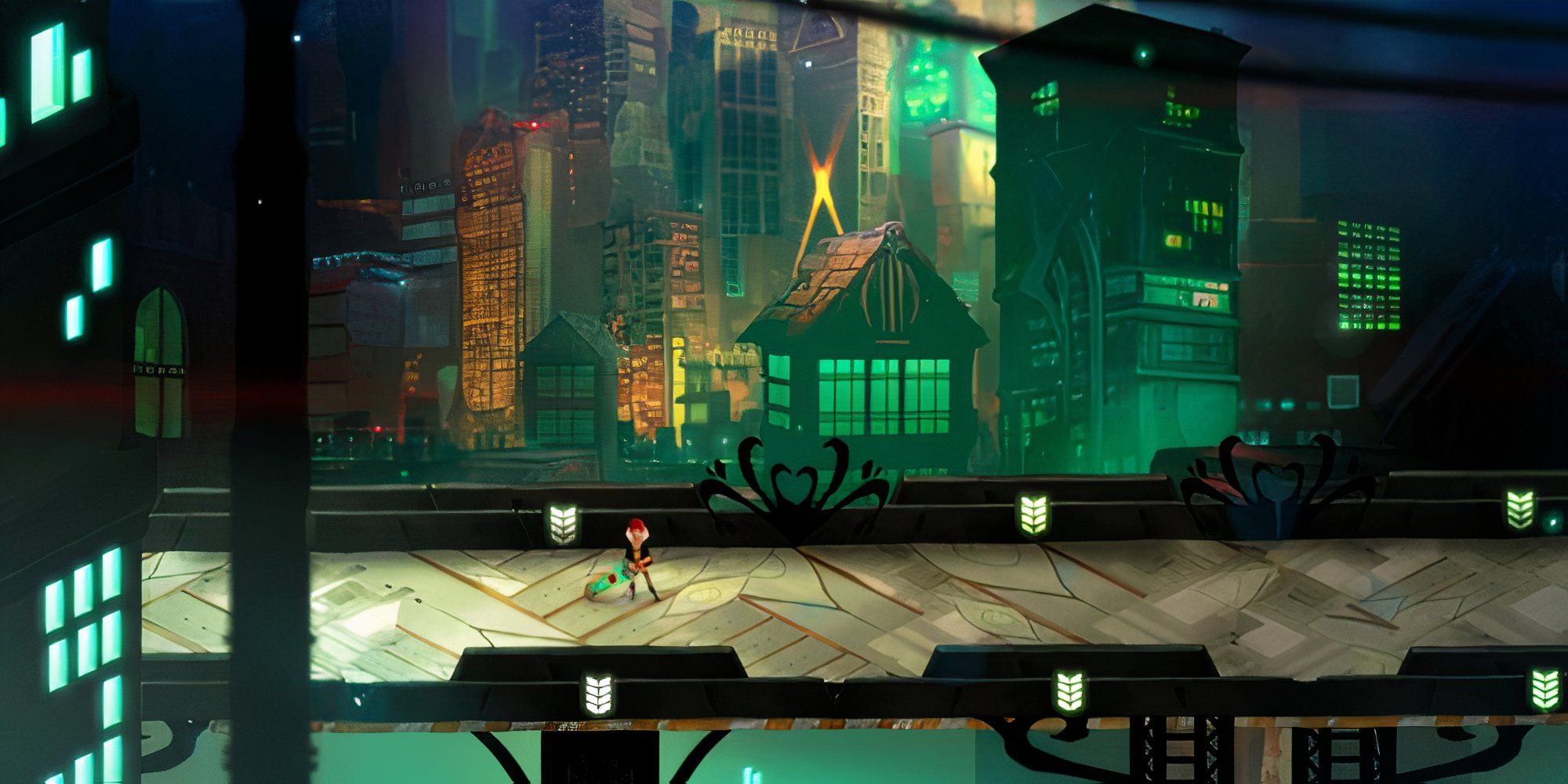 Transistor’s character (Red) standing on a bridge with background of a town.