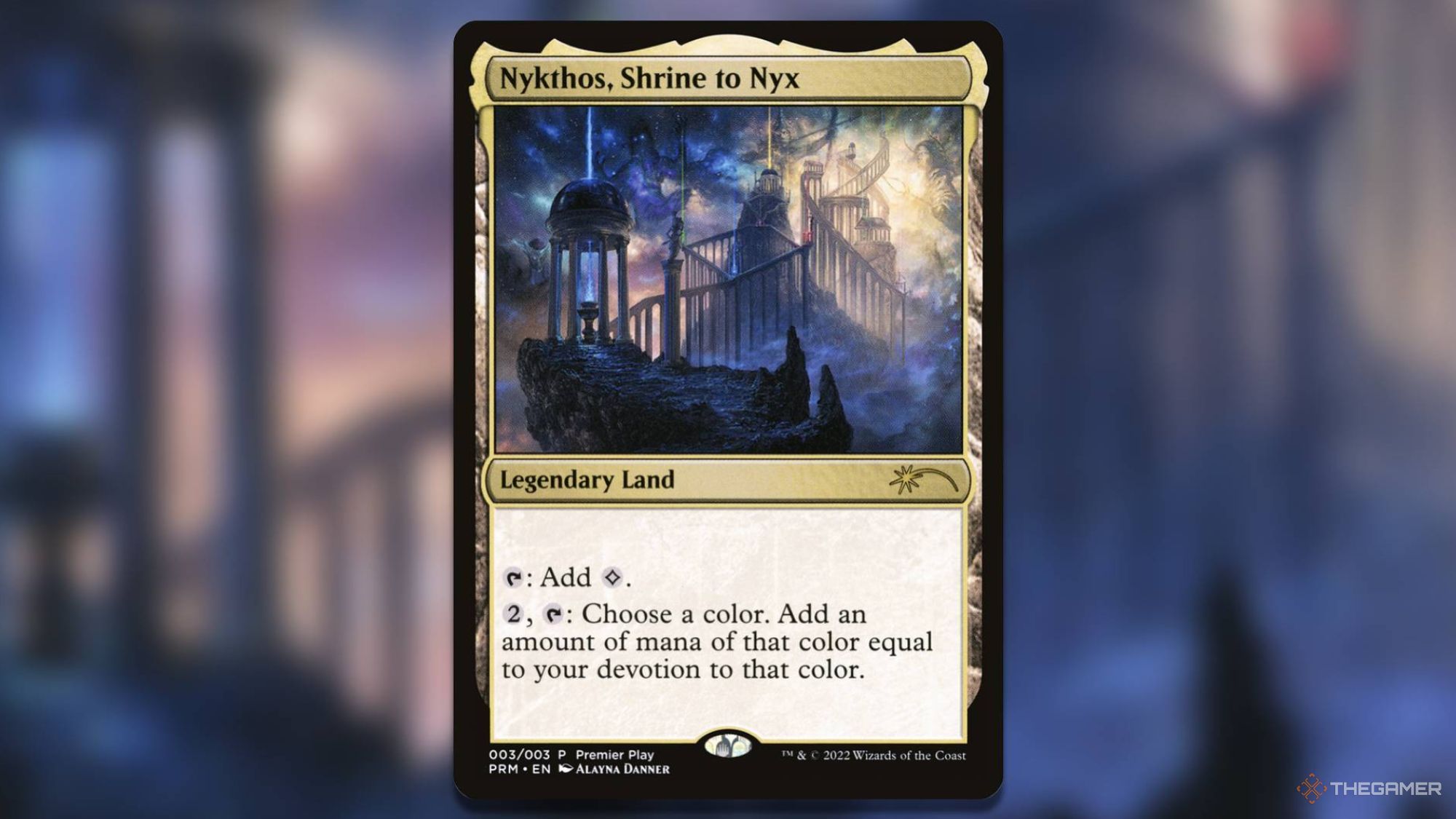 A shrine connects worshippers to Nyx in the Nykrhos Shrine to Nyx MTG card.