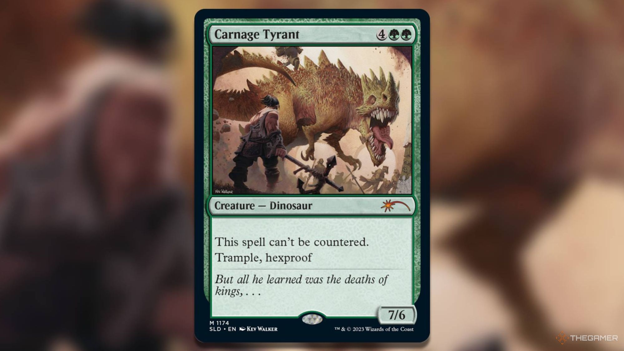 A warrior confronts a rampaging dinosaur in the Carnage Tyrant MTG card.