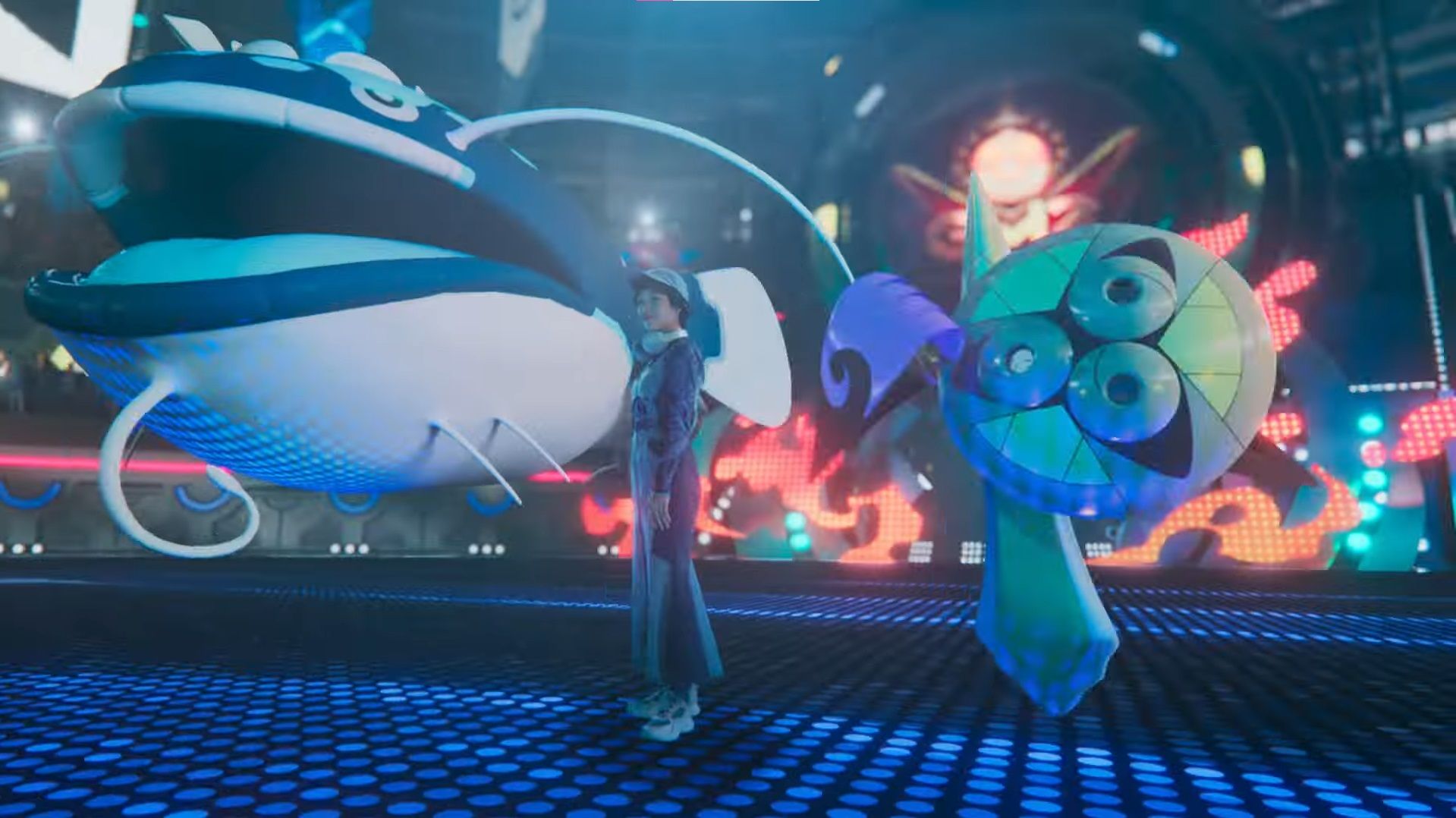 A woman stands between Dondozo and Aegislash in Pokemon Champions