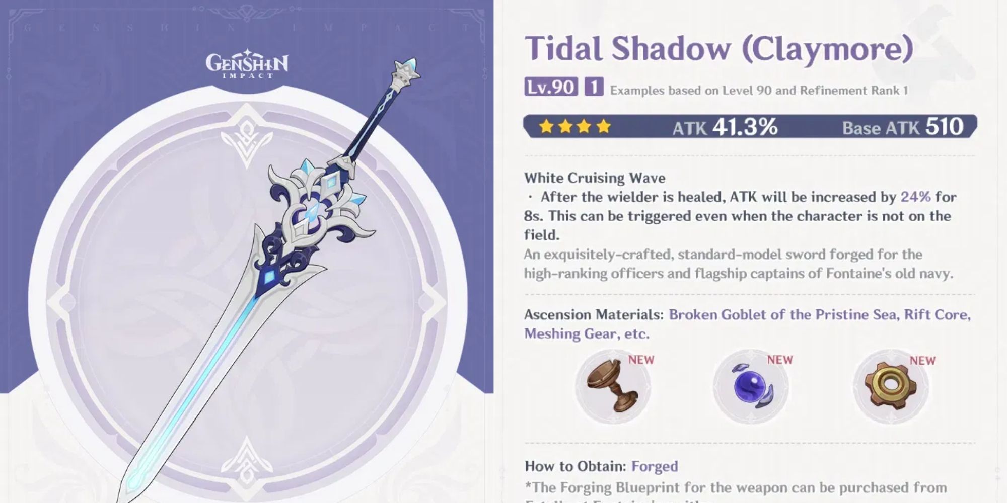 An image from Genshin Impact of the Tidal Shadow claymore, including the weapon's upgrade materials and stats.