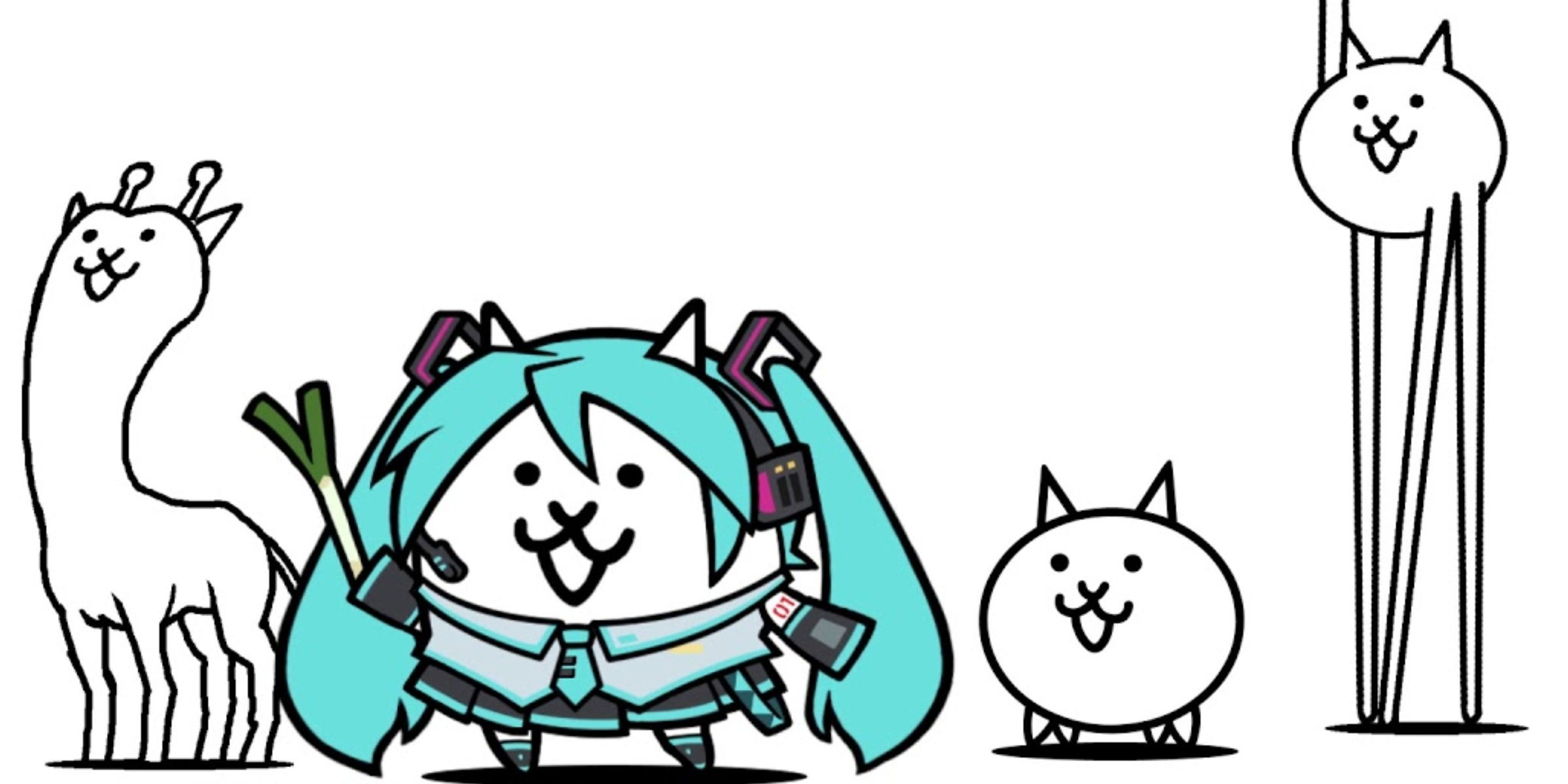 A Giraffe Cat, Hatsune Miku Cat, Regular Cat And Gross Cat Together In The Battle Cats X Hatsune Miku Official Art.