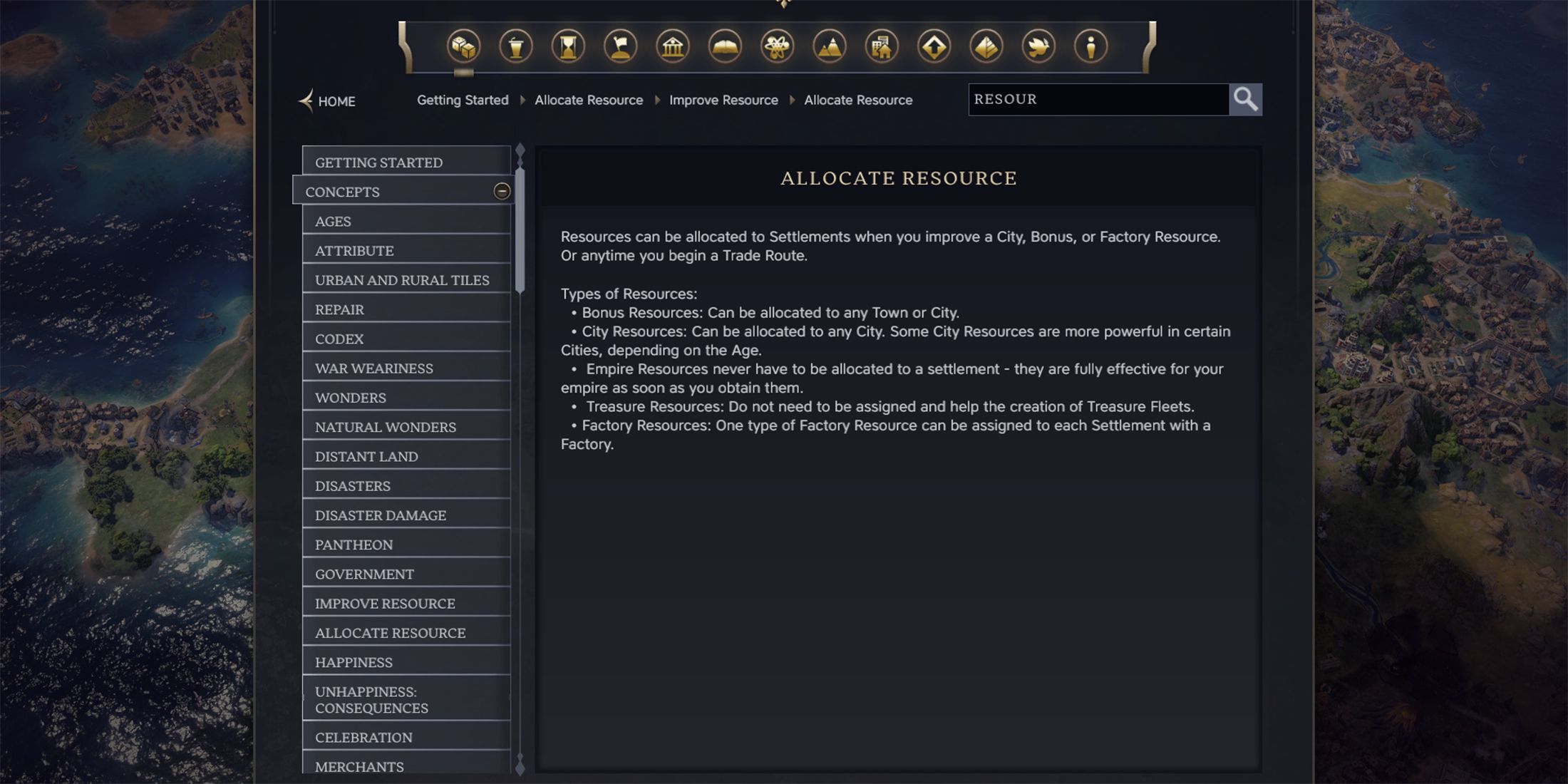 Allocate Resources Civilopedia in Civ 7