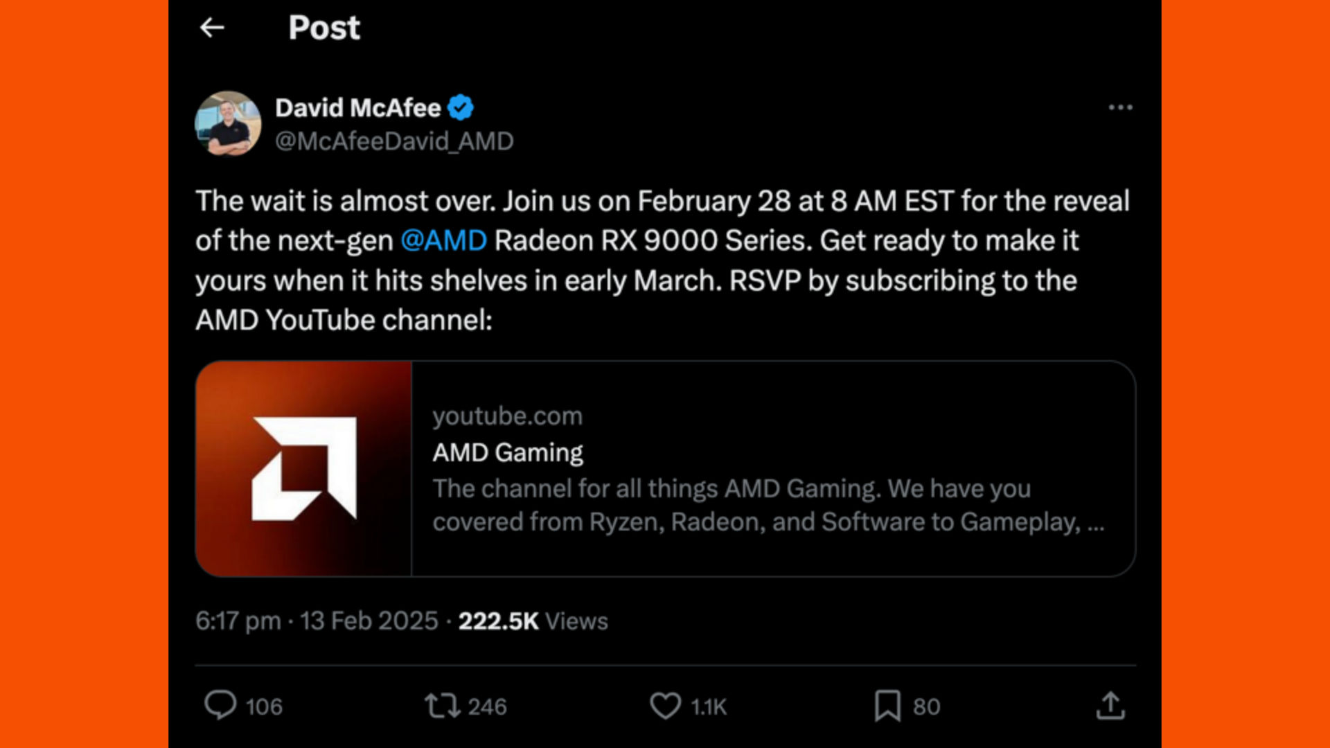 X post sharing AMD Radeon RX 9000 series announcement by AMD executive