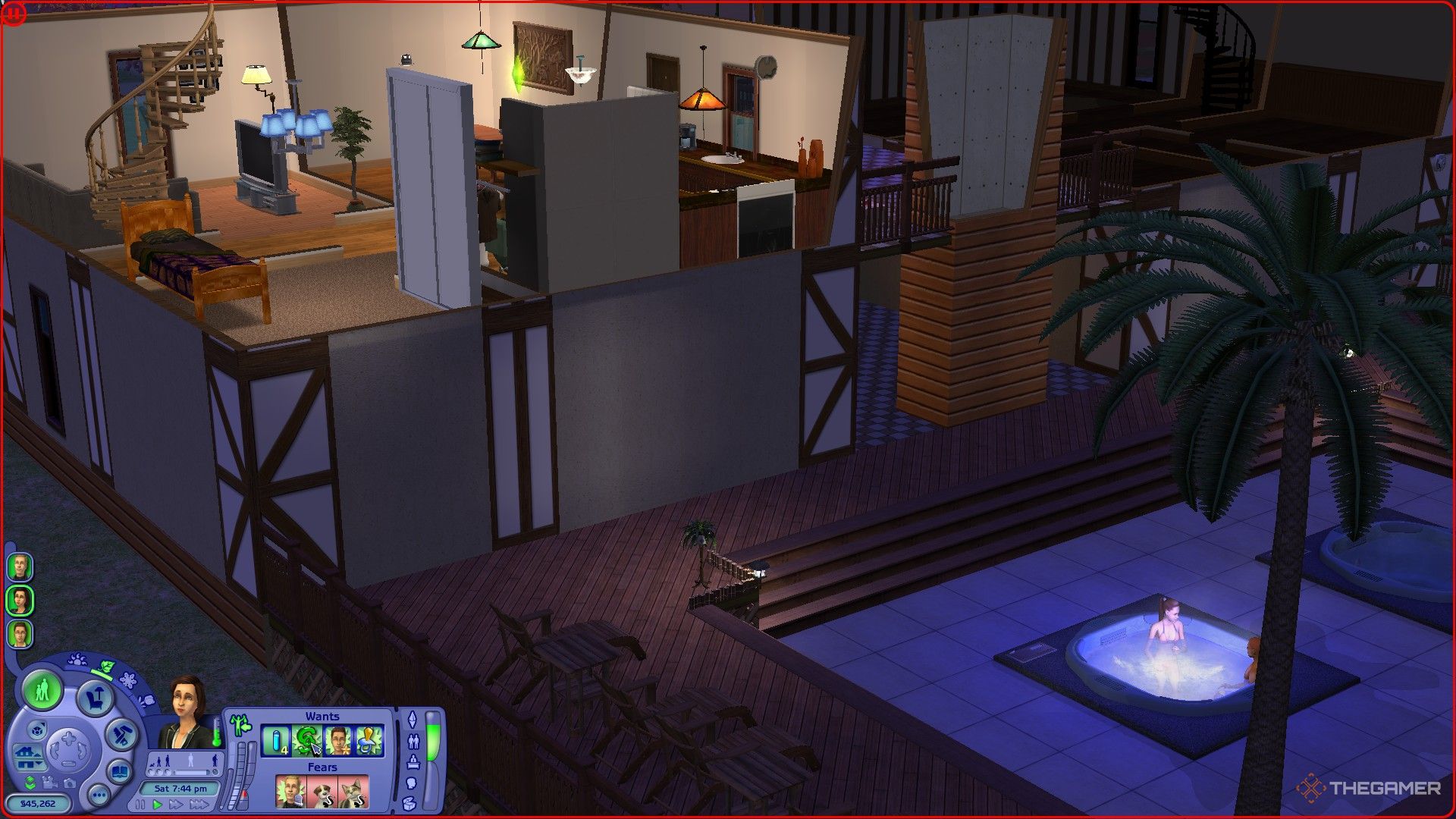 An apartment is shown with a pool outside in The Sims 2. 