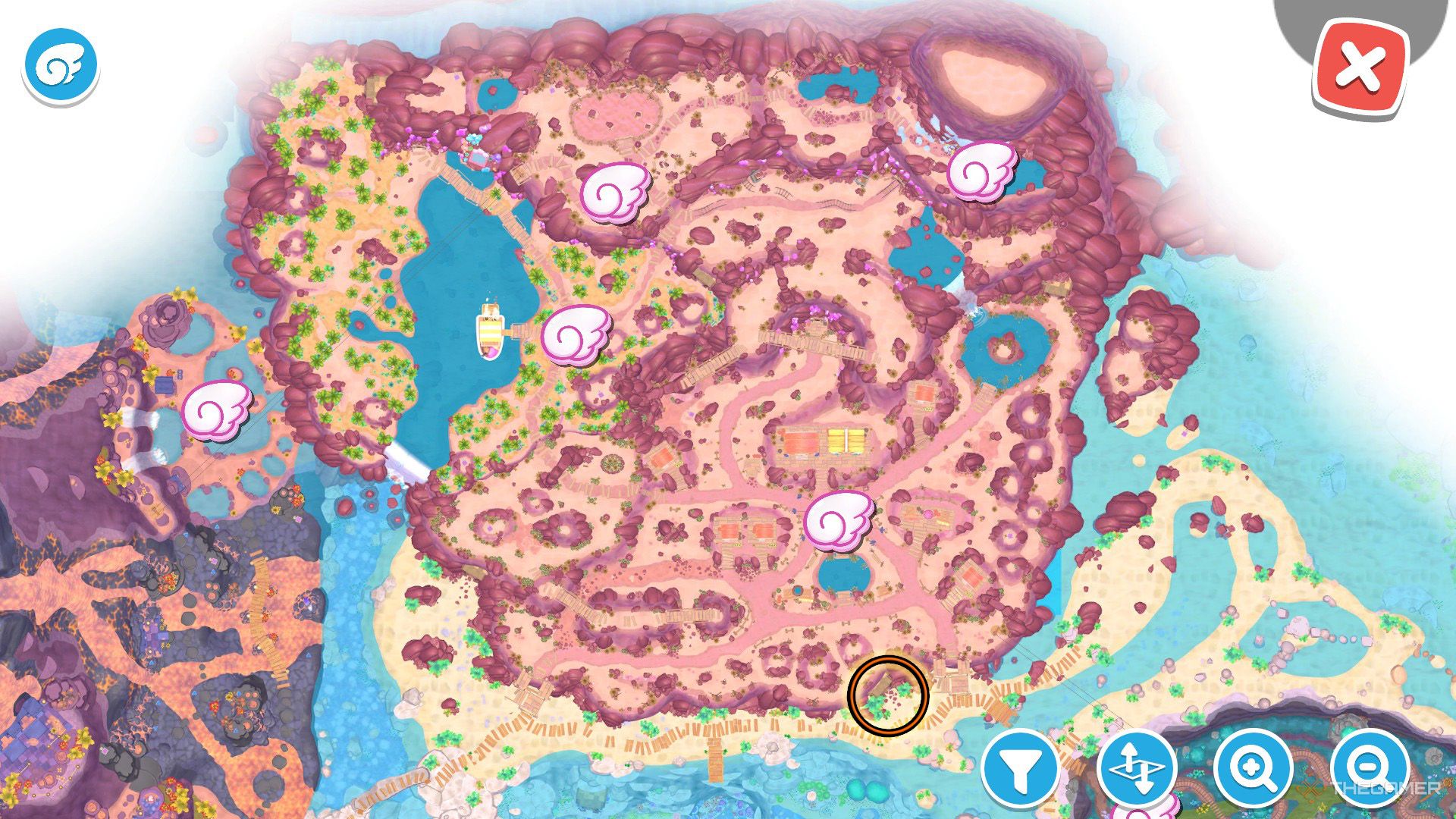 An orange circle shows the location of the Critical Climb puzzle room in Hello Kitty Island Adventure