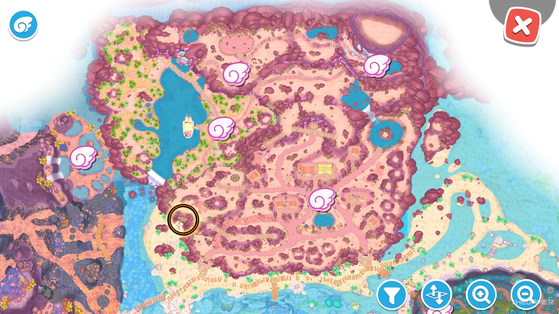 An orange circle shows the location of the Lilypad Lockup puzzle room in Hello Kitty Island Adventure