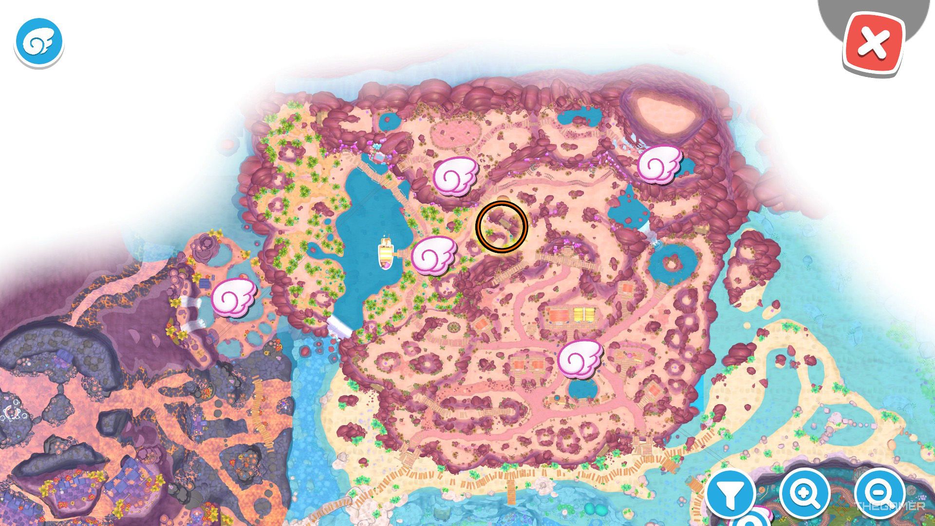 An orange circle shows the location of the Lost Launchers puzzle room in Hello Kitty Island Adventure