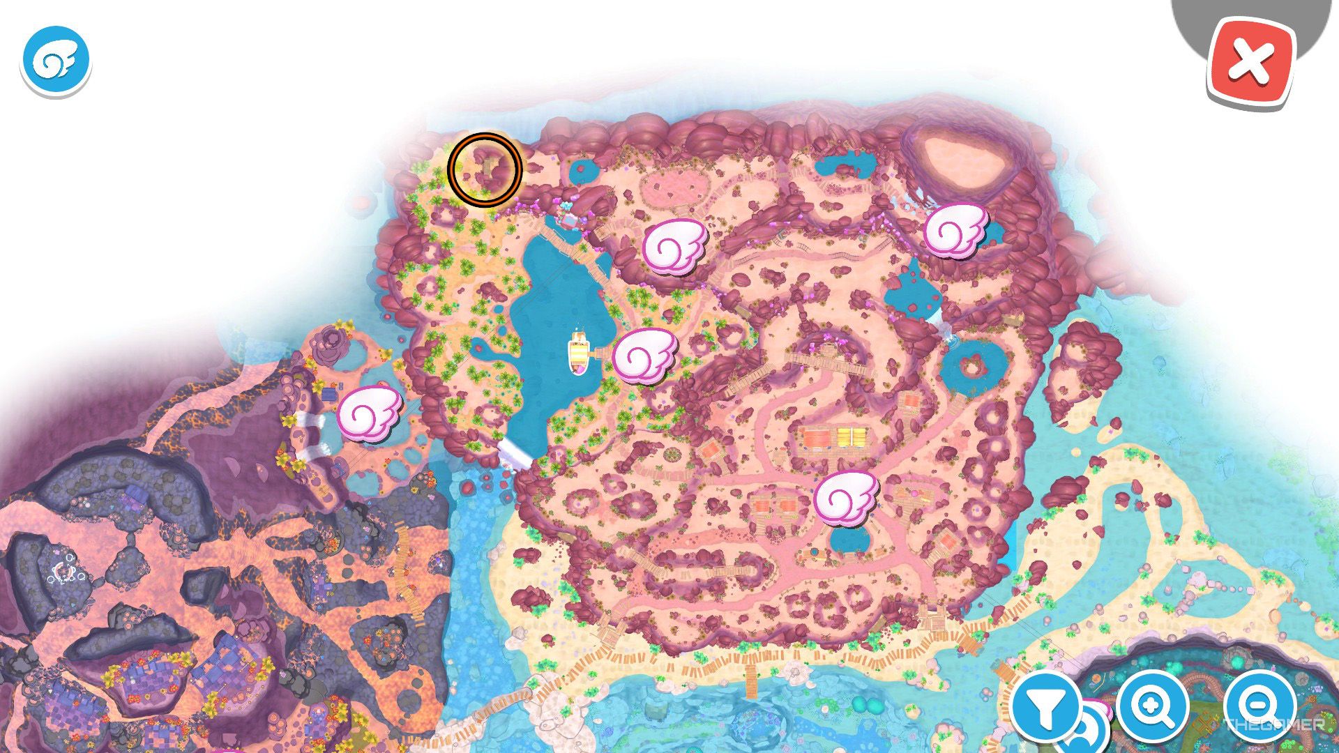 An orange circle shows the location of the Totem Tower puzzle room in Hello Kitty Island Adventure