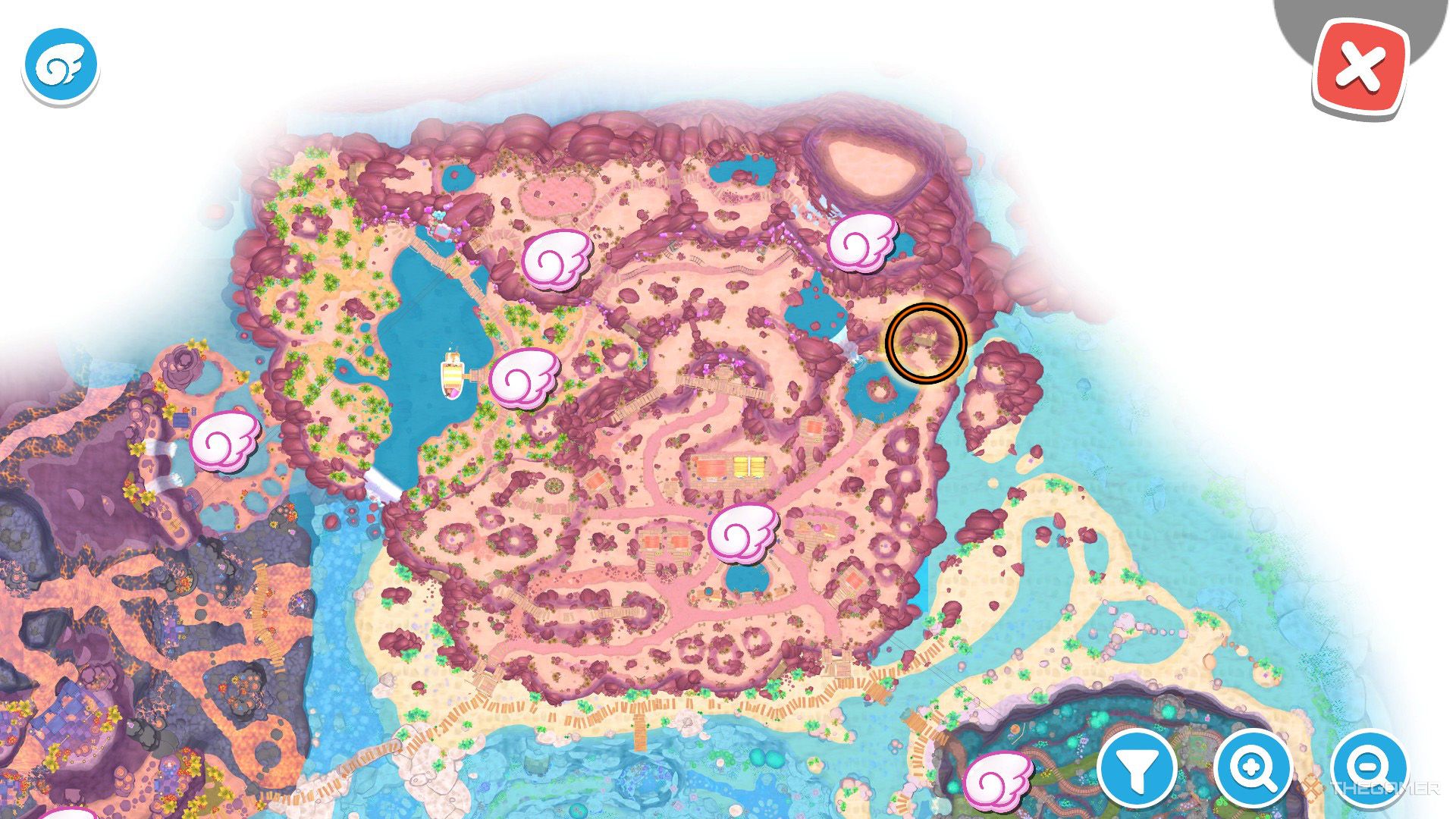 An orange circle shows the location of the Triple Trouble puzzle room in Hello Kitty Island Adventure