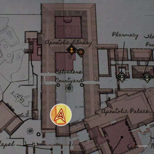 An orange circle shows the photo location of the Belvedere Courtyard in Indiana Jones And The Great Circle