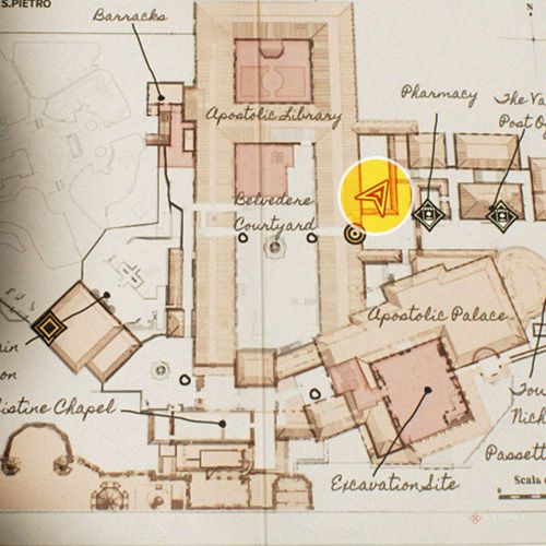 An orange circle shows the photo location of the Bird Feeding in Indiana Jones And The Great Circle