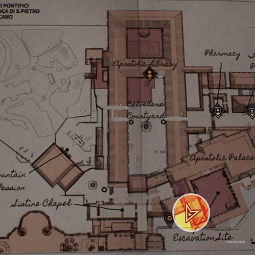 An orange circle shows the photo location of the Chapel Altar in Indiana Jones And The Great Circle