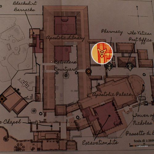 An orange circle shows the photo location of the Coffee Break in Indiana Jones And The Great Circle