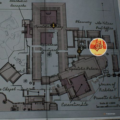 An orange circle shows the photo location of the eighth Strange Inscription in Indiana Jones And The Great Circle