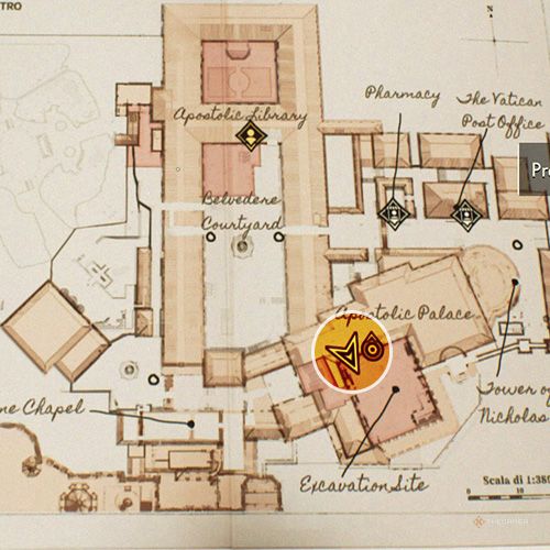 An orange circle shows the photo location of the fifth Strange Inscripton in Indiana Jones And The Great Circle