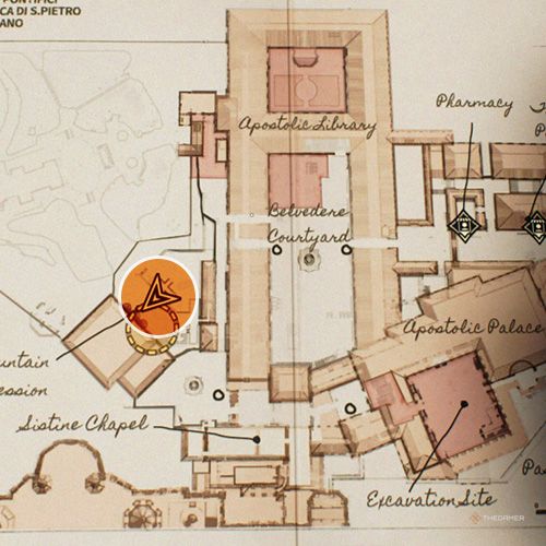 An orange circle shows the photo location of the Fountain of Confession in Indiana Jones And The Great Circle