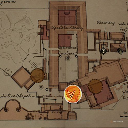 An orange circle shows the photo location of the fourth Strange Inscripton in Indiana Jones And The Great Circle