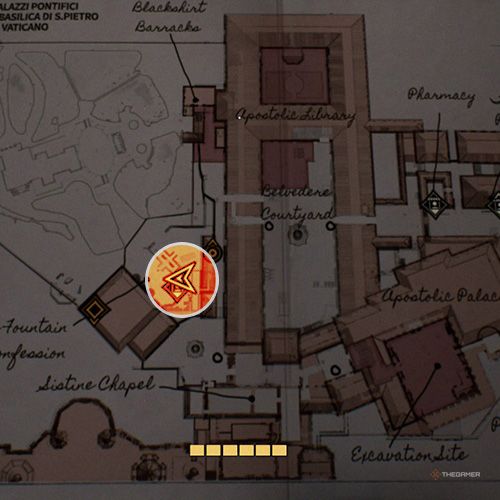 An orange circle shows the photo location of the Boxing Ring in Indiana Jones And The Great Circle