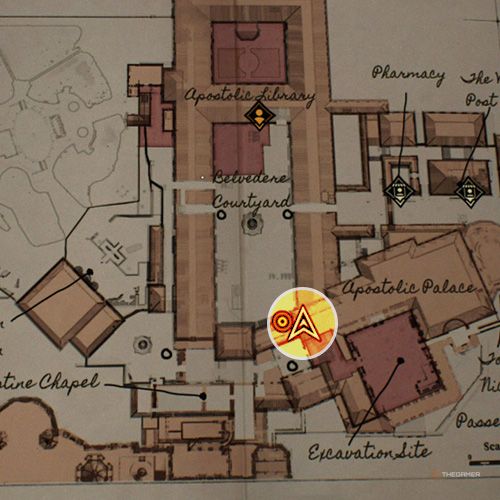 An orange circle shows the photo location of the Marble Statue in Indiana Jones And The Great Circle