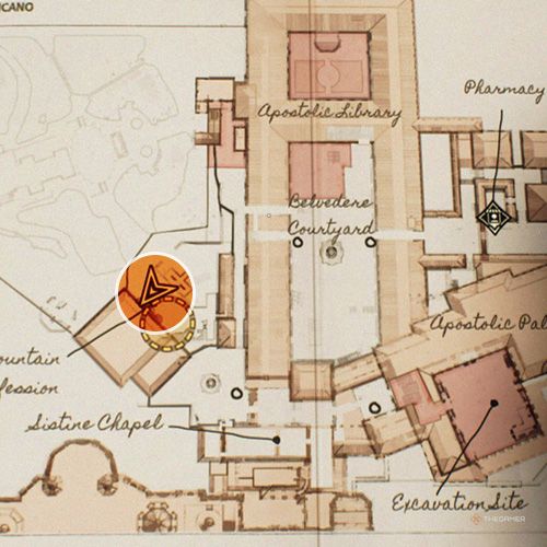 An orange circle shows the photo location of the Right Tower Inscription in Indiana Jones And The Great Circle