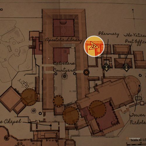 An orange circle shows the photo location of the second Strange Inscription in Indiana Jones And The Great Circle