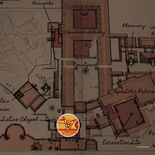 An orange circle shows the photo location of the Sister Catherine in Indiana Jones And The Great Circle