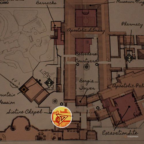 An orange circle shows the photo location of the Sistine Chapel Ceiling in Indiana Jones And The Great Circle