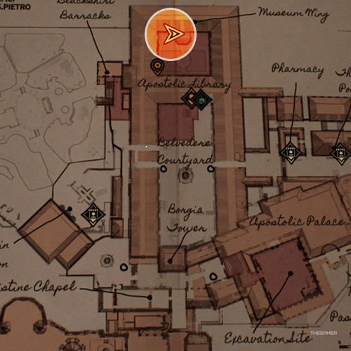 An orange circle shows the photo location of the tenth Strange Inscription in Indiana Jones And The Great Circle