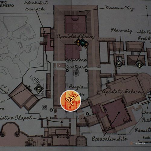 An orange circle shows the photo location of the third Strange Inscripton in Indiana Jones And The Great Circle