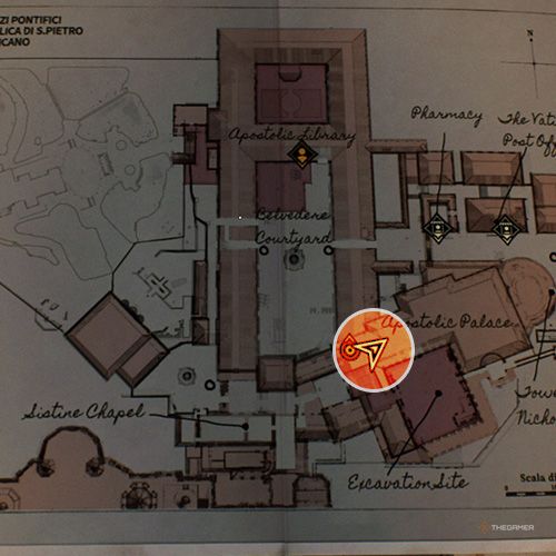 An orange circle shows the photo location of the Vatican Seal in Indiana Jones And The Great Circle