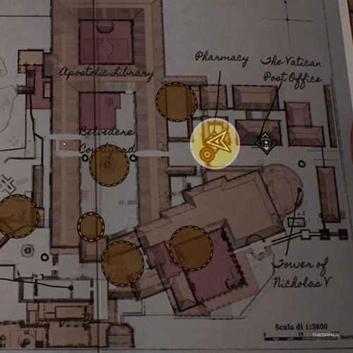 An yellow circle shows the photo location of Valeria in Indiana Jones And The Great Circle