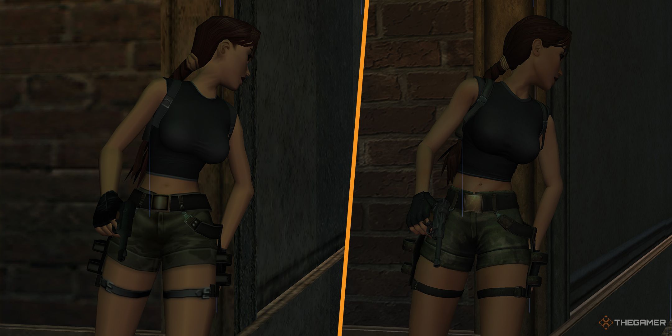 Angel of Darkness remaster side-by-side of Lara Croft peeking around a corner at a Parisian guard.