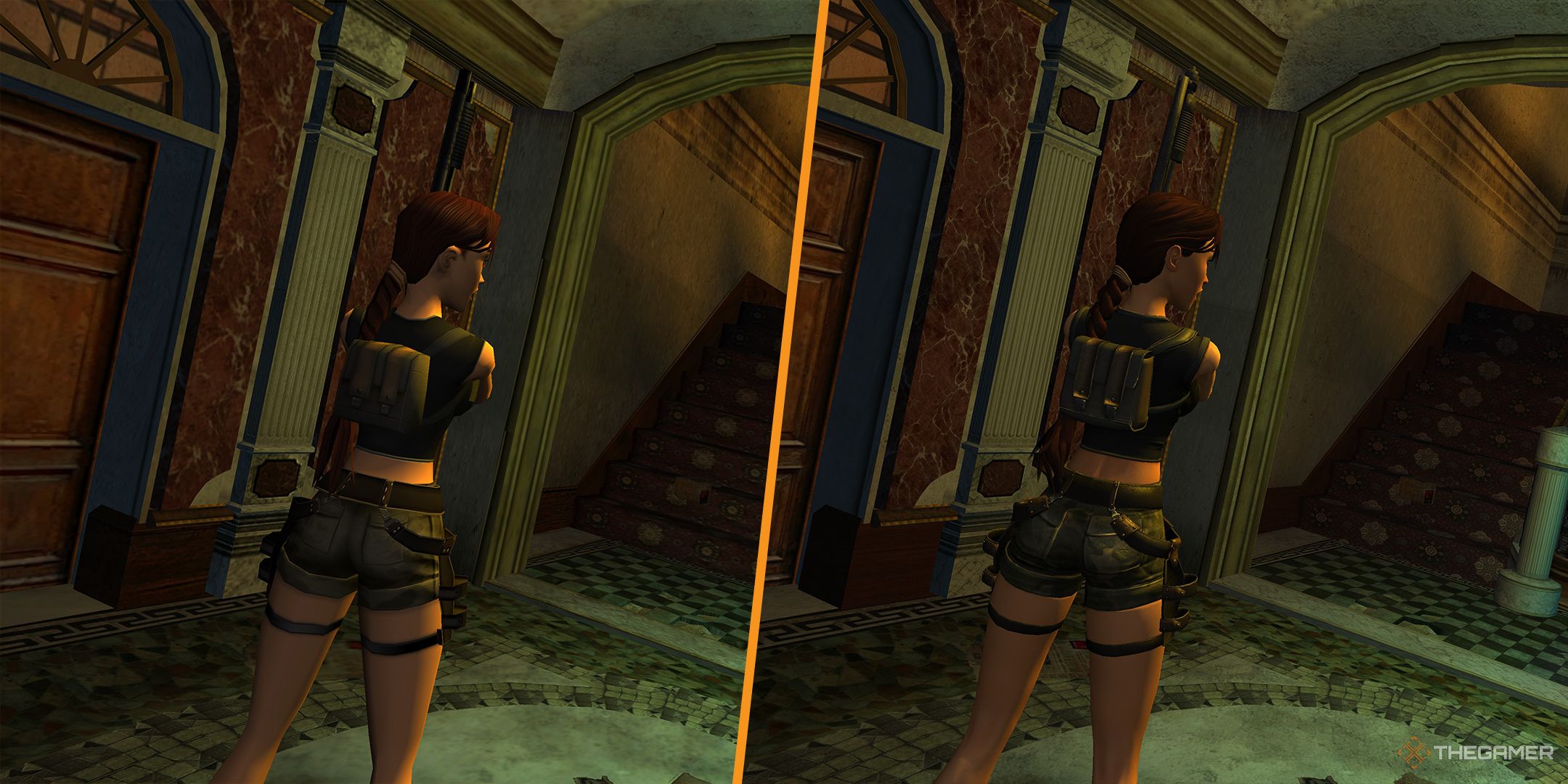 Angel of Darkness side-by-side of Lara Croft entering an apartments complex, looking towards a staircase and elevator.