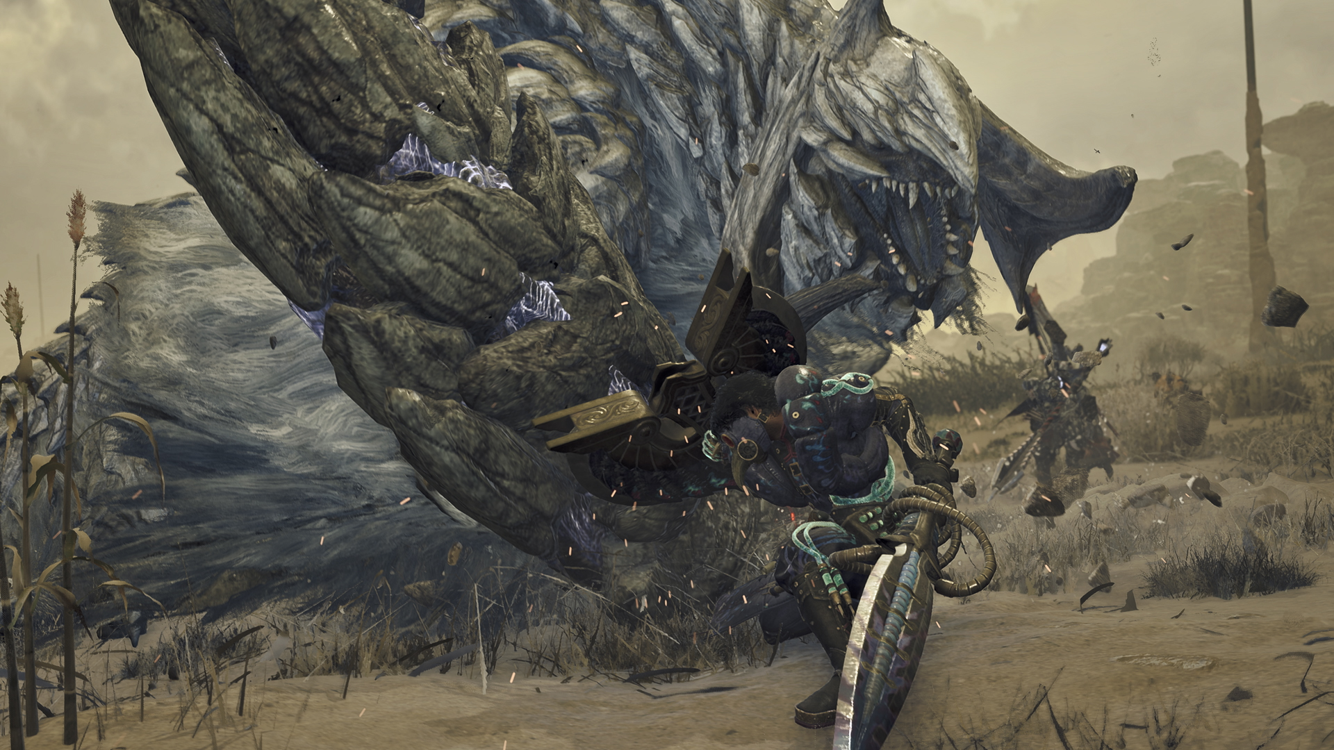 A Hunter guards against an Arkveld attack in Monster Hunter Wilds