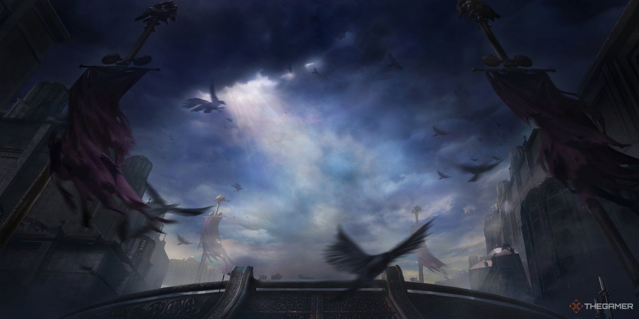 An overview of a skybox in Path of Exile 2 with birds flying around all around the area.