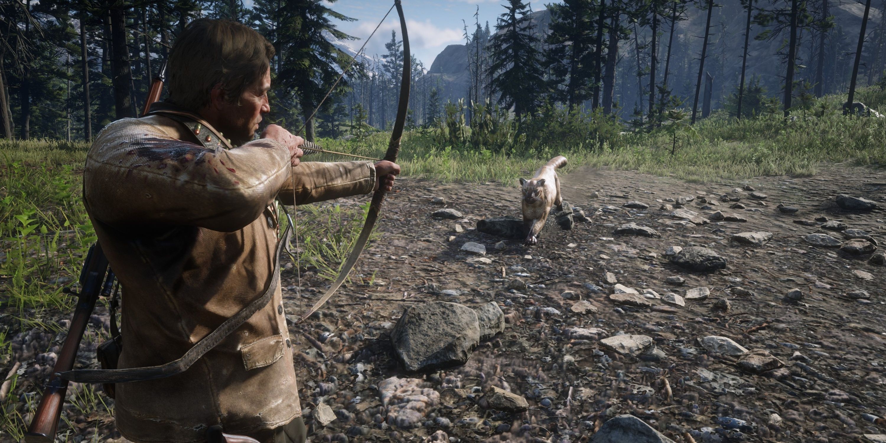 arthur shoots a cougar with a bow