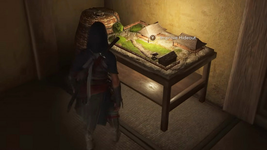 Assassin's Creed Shadows Hideout: Naoe approaching the upgrade hub