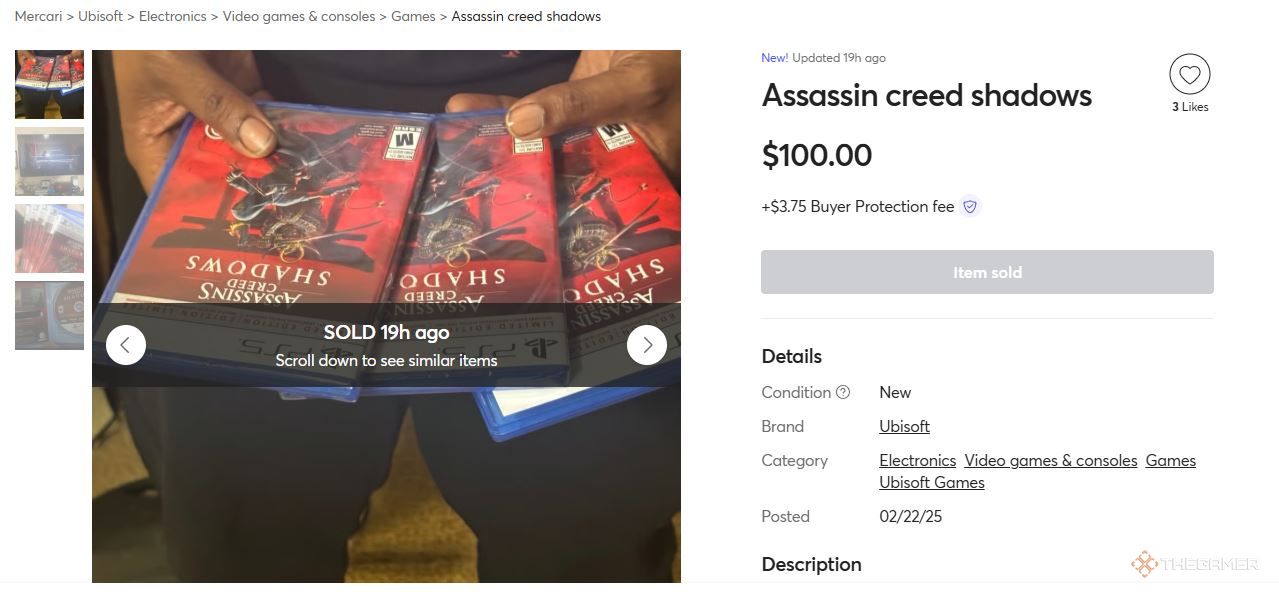 A store lisitng for copies of Assassin's Creed Shadows, being sold for $100, a month for release date