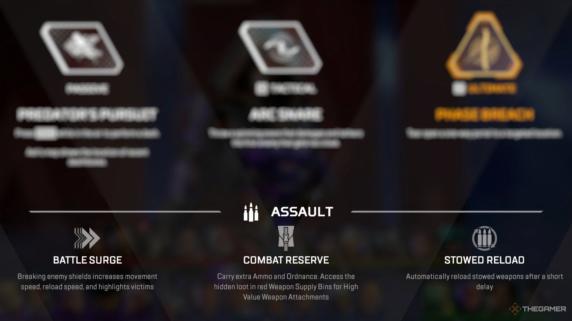 The Assault Class Perks, as seen when inspecting Legend abilities, in Apex Legends.