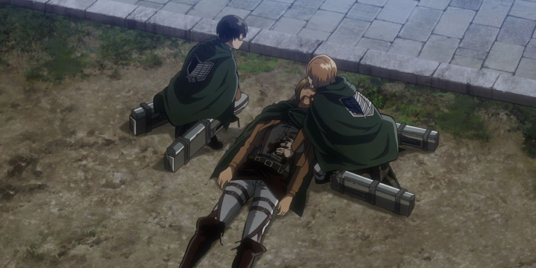 Levi and Petra leaning over dying soldier