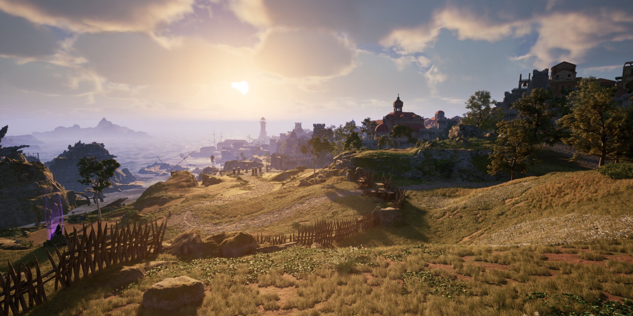 Avowed, a sunny landscape overlooking the town of Paradis.