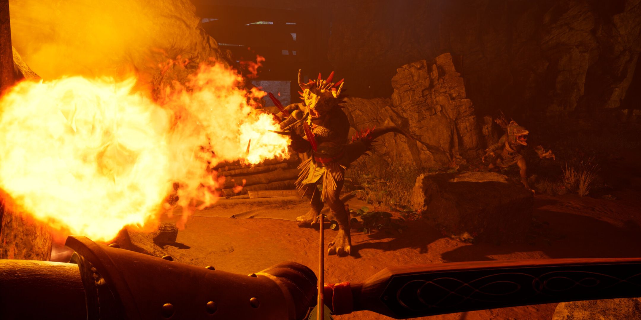 Avowed, an enemy spewing fire at the player while the player weilds a bow and arrow.