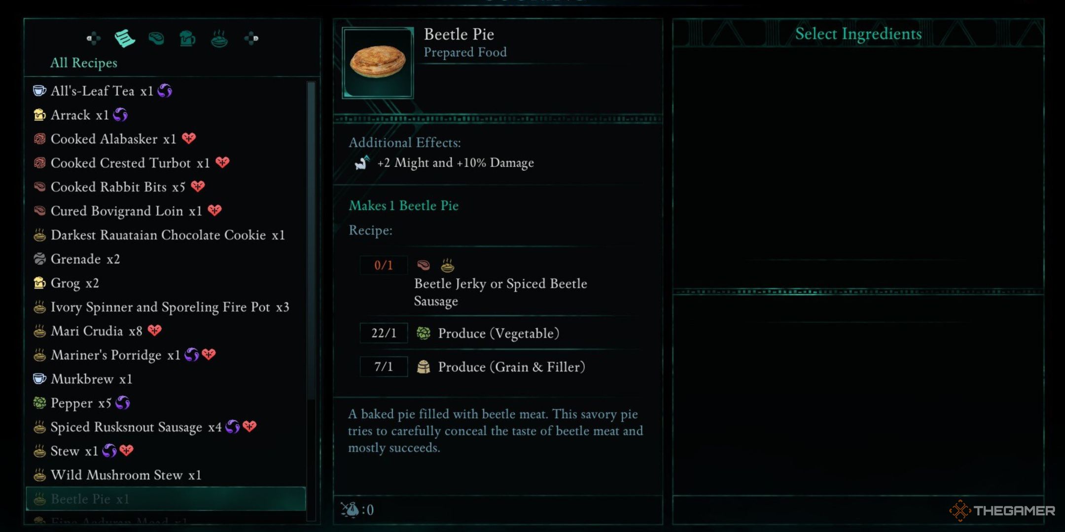 Avowed, Beetle Pie in the crafting menu, showcasing the additional effects, the recipe, and a brief description.