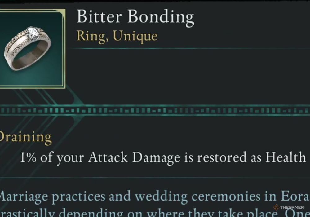 Avowed Bitter Bonding unique item description.